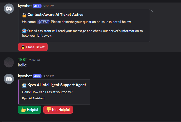 Kyvo's AI answering a member's question inside a Discord ticket channel