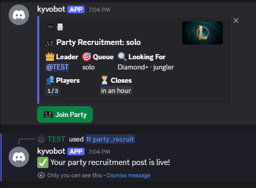 Discord embed showing party recruitment slots and role tags created by /party_recruit
