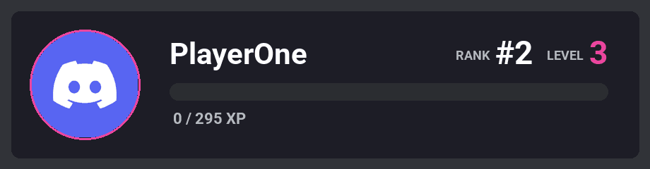 A rendered rank card image with a custom accent color and XP progress bar