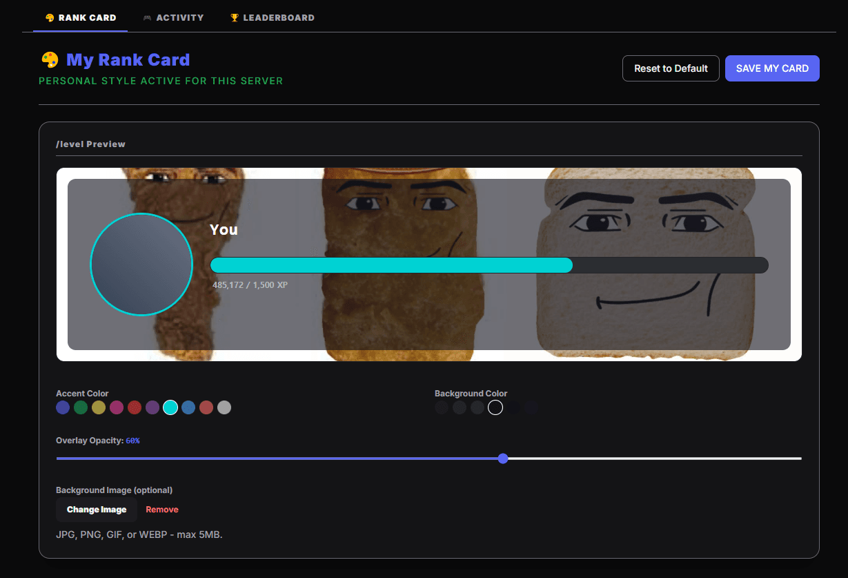The dashboard screen for configuring a rank card's colors and background
